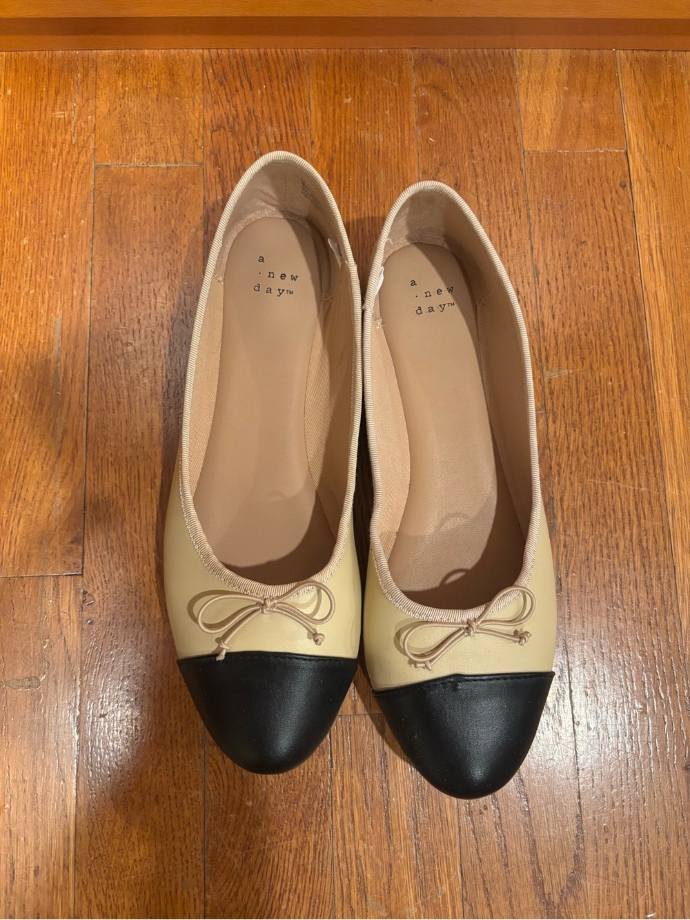 a new day Beige and Black Cap-Toe Bow Ballet Flats